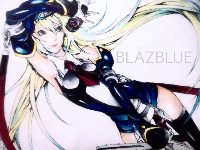 1girl, arc_system_works, bad_id, bad_pixiv_id, beret, blazblue, blonde_hair, copyright_name, female_focus, green_eyes, gun, hat, joe_konishi, long_hair, noel_vermillion, solo, thighhighs, weapon