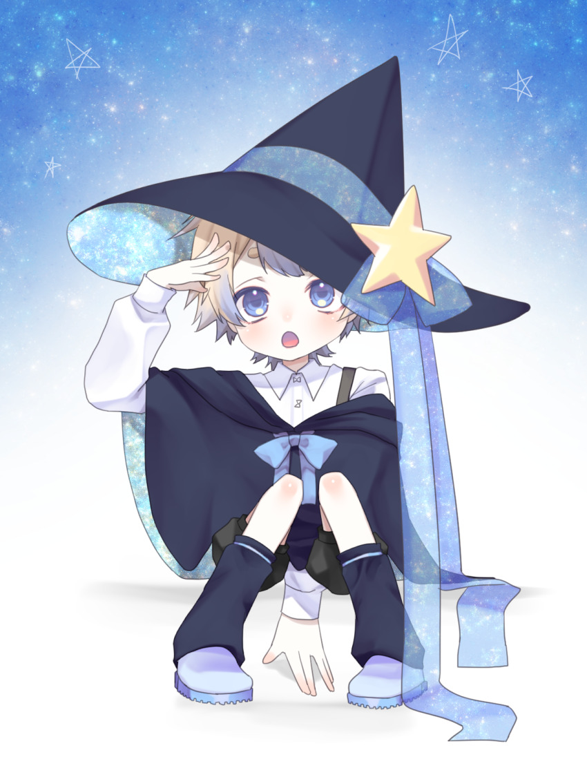 1boy, blonde_hair, blue_eyes, blue_hair, child, hat, highres, indie_utaite, male_focus, multicolored_hair, ritsuce, short_hair, sky, star_(sky), star_(symbol), two-tone_hair, un-c_(utaite), utaite, witch_hat