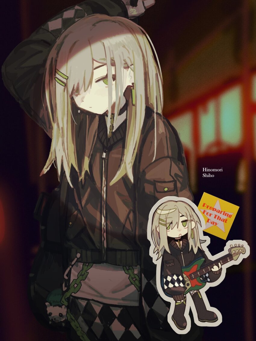 1girl, arm_at_side, arm_up, bag, black_bag, black_jacket, blurry, blurry_background