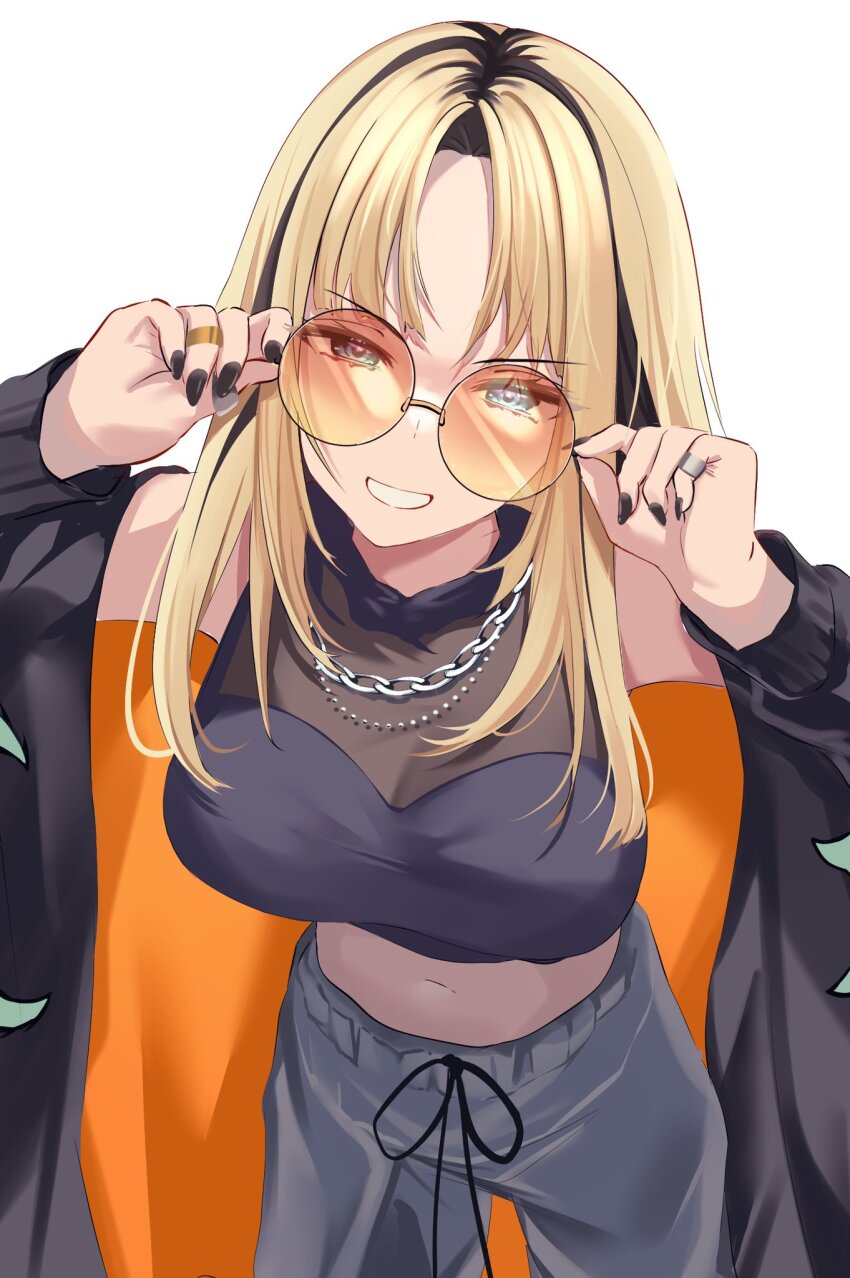 1girl, black_coat, black_hair, black_nails, blonde_hair, breasts, chain, chain_necklace