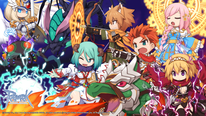 2boys, 4girls, :o, animal_ears, arch_bishop_(ragnarok_online), armor, armored_boots, arrow_(projectile)