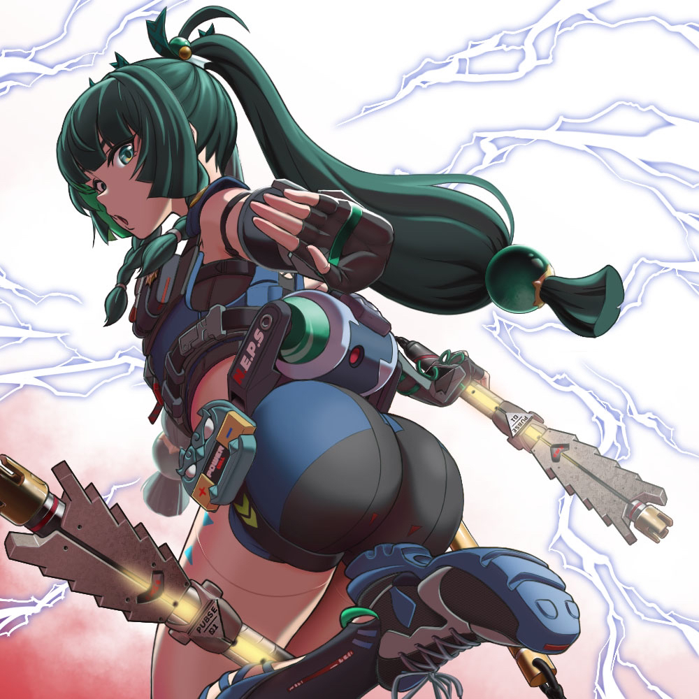 1girl, android, ass, black_gloves, blunt_bangs, braid, fingerless_gloves, from_behind, gloves, green_eyes, green_hair, hair_ornament, holding, holding_weapon, lightning, looking_at_viewer, looking_back, musashi_moo-sun, open_mouth, qingyi_(zenless_zone_zero), side_braids, sidelocks, solo, sphere_hair_ornament, twintails, weapon, zenless_zone_zero