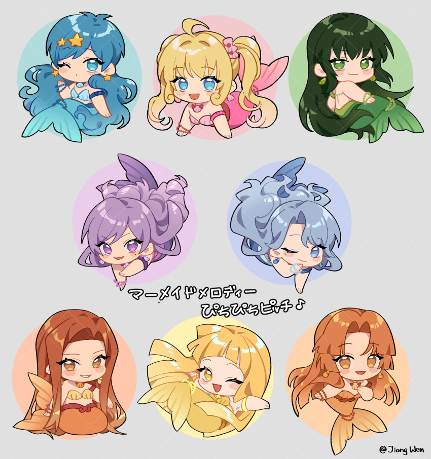 6+girls, armband, artist_name, bikini, blonde_hair, blue_eyes, blue_hair, blush_stickers