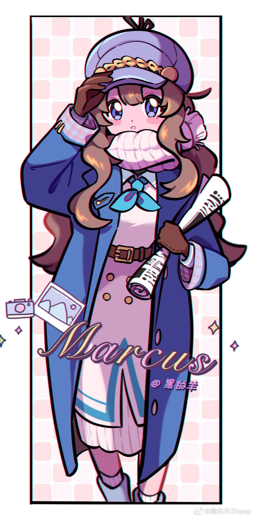 1girl, :o, absurdres, adjusting_clothes, adjusting_headwear, ankle_boots, artist_name, belt