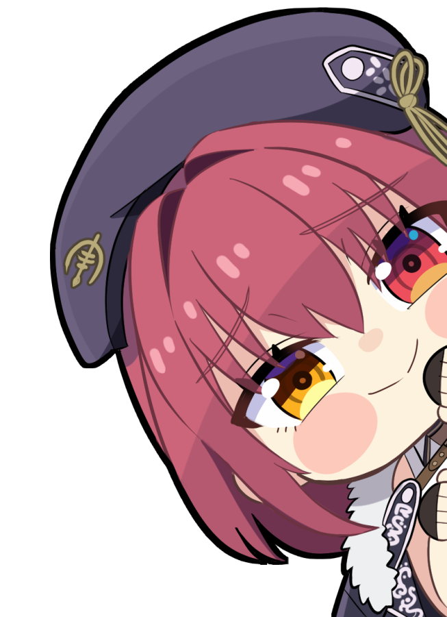 1girl, blush_stickers, chibi, fur-trimmed_jacket, fur_trim, heterochromia, hololive, houshou_marine