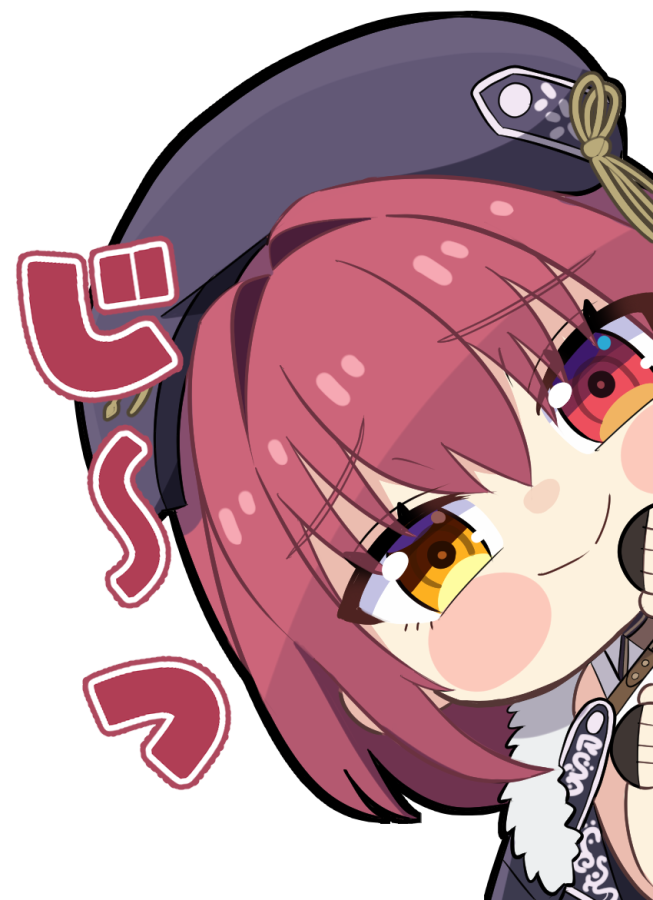 1girl, blush_stickers, chibi, fur-trimmed_jacket, fur_trim, heterochromia, hololive, houshou_marine