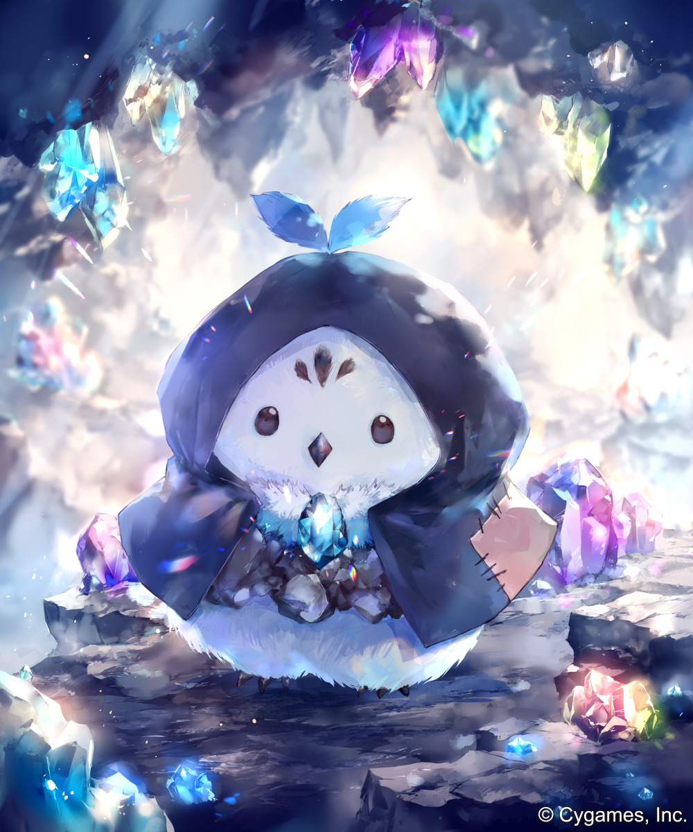 1other, beak, bird, black_eyes, blue_gem, cave_interior, commentary_request, company_name