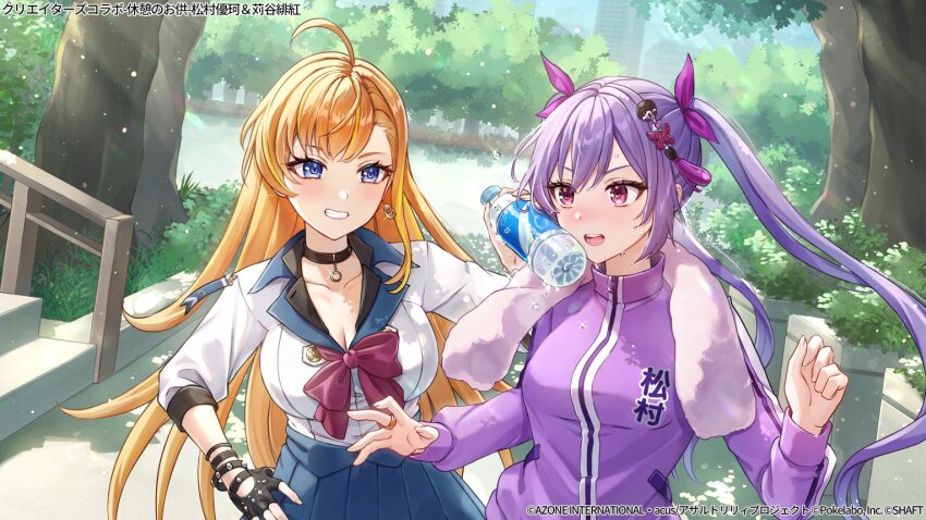 2girls, ahoge, assault_lily, black_choker, black_gloves, black_shirt, blonde_hair, blue_eyes