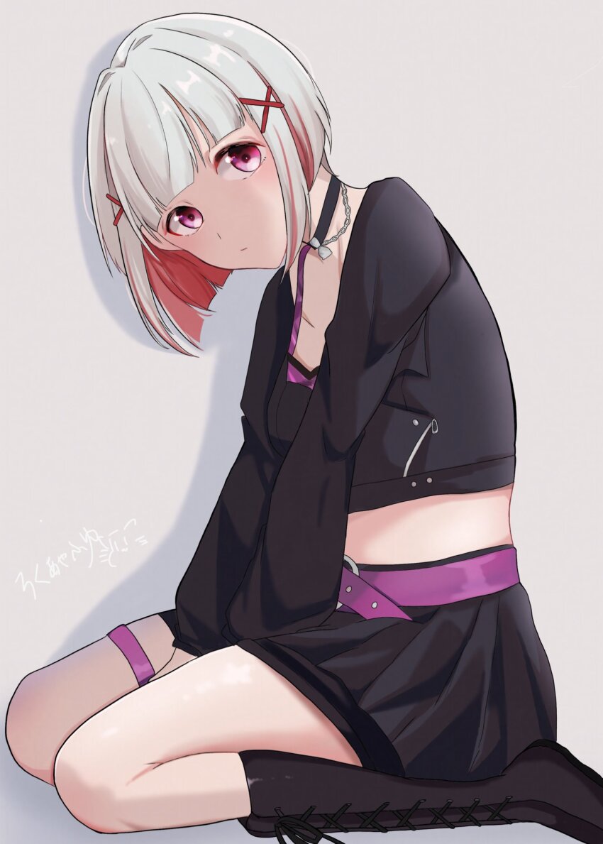 1girl, :/, black_choker, black_footwear, black_jacket, black_shorts, black_skirt, bob_cut, breasts, camisole, choker, closed_mouth, collarbone, colored_inner_hair, commentary, cropped_jacket, diagonal_bangs, full_body, good_thighs_day, grey_hair, hair_ornament, hashtag-only_commentary, highres, inverted_bob, jacket, link!_like!_love_live!, long_sleeves, looking_at_viewer, love_live!, miniskirt, multicolored_hair, official_alternate_costume, overskirt, pink_camisole, pleated_skirt, red_eyes, red_hair, roku_aya_fuyu, shadow, short_hair, short_shorts, shorts, signature, simple_background, skirt, small_breasts, solo, streaked_hair, tragic_drops_(love_live!), virtual_youtuber, white_background, x_hair_ornament, yugiri_tsuzuri