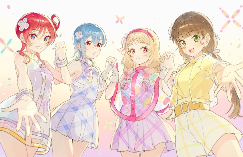 4girls, :d, blonde_hair, blue_dress, blue_eyes, blue_hair, braid, breasts, brown_hair, closed_mouth, commentary_request, cowboy_shot, crossed_bangs, dress, fingerless_gloves, flower, gloves, gradient_background, grin, hair_between_eyes, hair_bun, hair_flower, hair_ornament, hair_ribbon, hairband, half_up_braid, hamu_(dododo_2538), highres, holding_hands, interlocked_fingers, jacket, liella!_second_generation, long_hair, long_sleeves, looking_at_viewer, love_live!, love_live!_superstar!!, low_twin_braids, low_twintails, medium_breasts, medium_hair, multiple_girls, neck_ribbon, no_rain_no_rainbow_(love_live!), offering_hand, official_alternate_costume, onitsuka_natsumi, open_clothes, open_jacket, open_mouth, pink_hairband, pleated_dress, purple_background, purple_dress, rain_poncho, raincoat, red_hair, ribbon, sakurakoji_kinako, see-through_clothes, see-through_jacket, see-through_raincoat, shirt, short_dress, short_hair_with_long_locks, short_sleeves, shorts, single_side_bun, sleeveless, sleeveless_dress, smile, teeth, twin_braids, twintails, upper_teeth_only, wakana_shiki, white_background, white_flower, white_gloves, white_ribbon, white_shorts, yellow_shirt, yellow_shorts, yoneme_mei