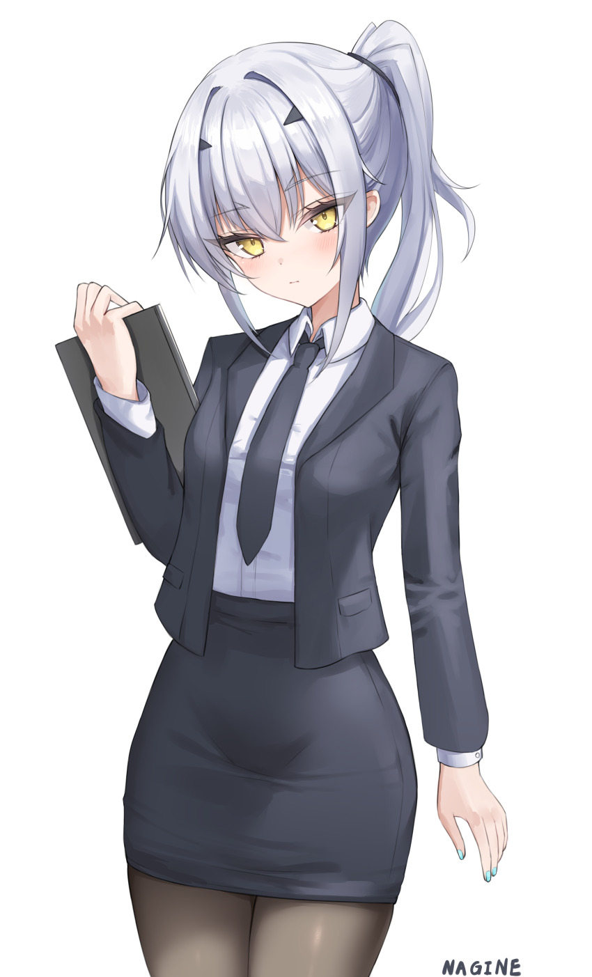 1girl, absurdres, black_jacket, black_skirt, breasts, clipboard, collared_shirt, fate/grand_order