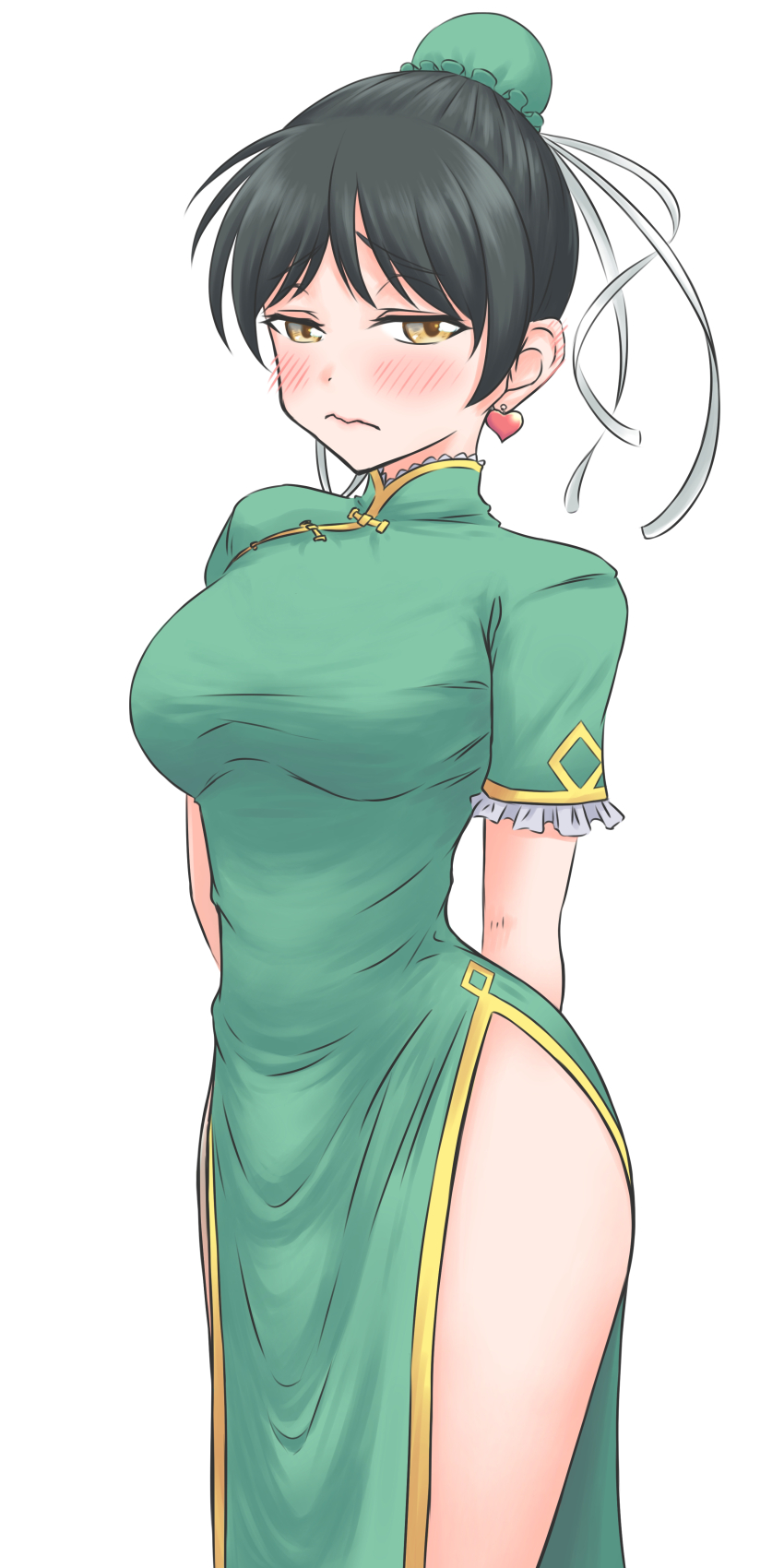 1girl, 3:, absurdres, arms_behind_back, black_hair, blush, bun_cover, china_dress, chinese_clothes, closed_mouth, commentary, cowboy_shot, dress, earrings, frown, green_dress, hair_bun, hair_ribbon, hazuki_ren, heart, heart_earrings, highres, jewelry, looking_at_viewer, love_live!, love_live!_superstar!!, official_alternate_costume, pelvic_curtain, ribbon, shanghai_neckline, short_hair, short_sleeves, simple_background, single_hair_bun, solo, uduki_fuji, white_background, white_ribbon, yellow_eyes