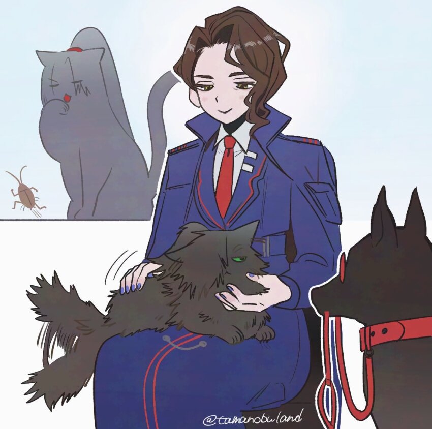 1girl, animal, animal_collar, animal_on_lap, animalization, aseah_(project_moon), blue_cape, blue_coat