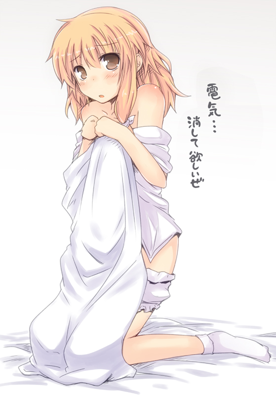 1girl, bare_shoulders, blonde_hair, bloomers, bloomers_pull, brown_eyes, covering_privates, female_focus
