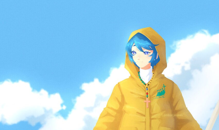 1girl, absurdres, artist_name, bead_necklace, beads, blue_eyes, blue_hair, blue_sky