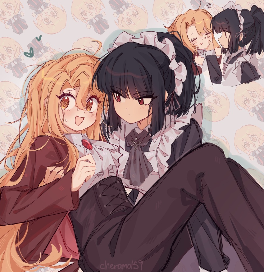 2girls, :d, @_@, absurdres, apron, ascot, black_hair, black_pants