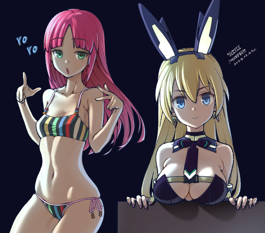 2girls, alice_gear_aegis, animal_ears, bikini, blonde_hair, blue_eyes, breasts, cleavage