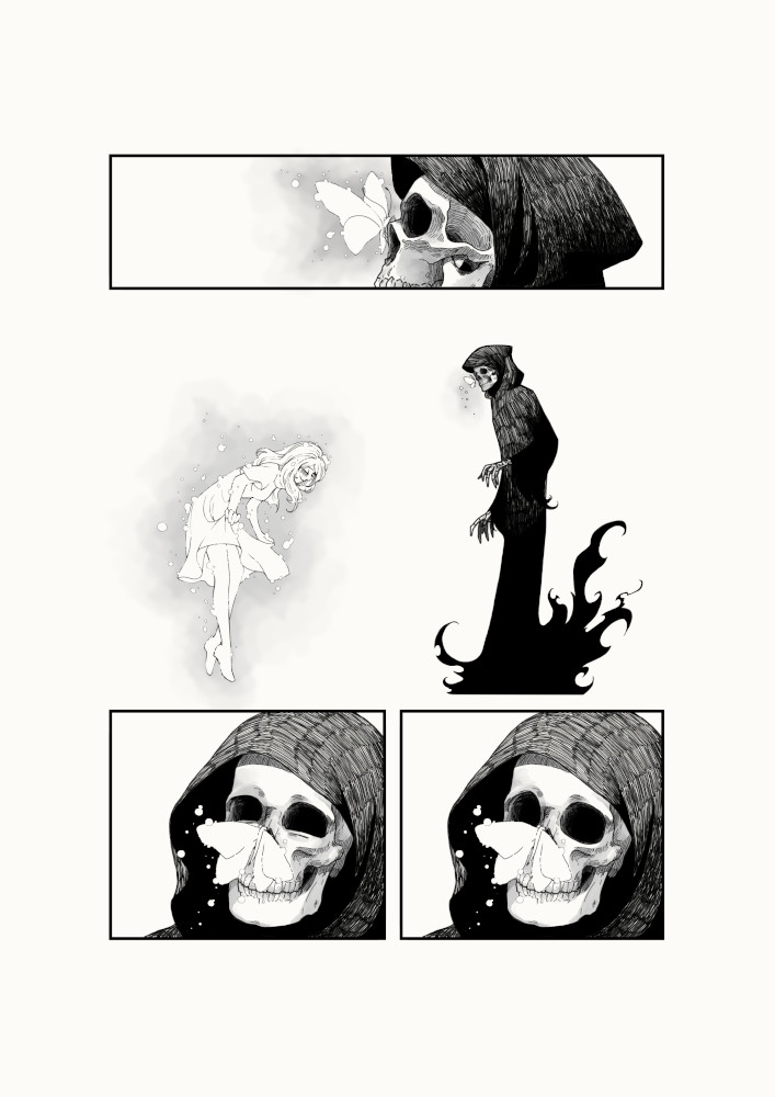 black_robe, bowing, bug, butterfly, cloak, curtsey, death, death_(entity), ghost, glowing_butterfly, happy_eyes, hospital, insect, monochrome, original, robe, smile, snippy_mj, surprised, thank_you, white_butterfly