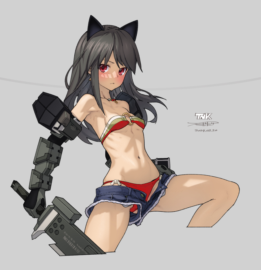 1girl, alice_gear_aegis, animal_ears, bikini, black_hair, blush, breasts, cat_ears