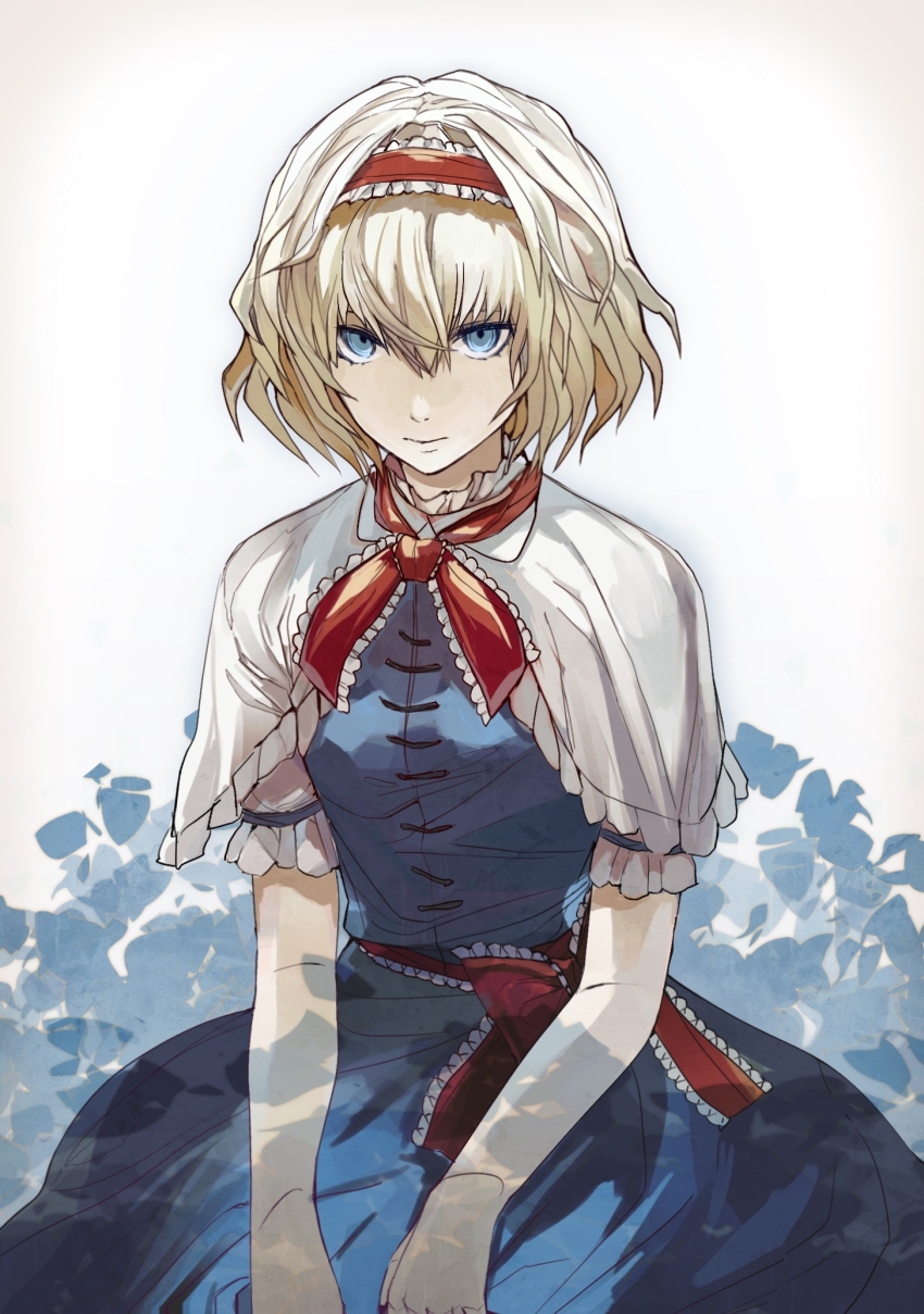 1girl, alice_margatroid, bare_arms, blonde_hair, blue_dress, blue_eyes, blue_flower, bow