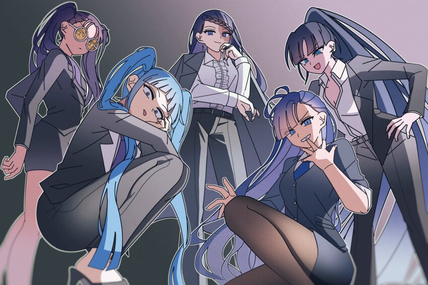 5girls, ado_(utaite), ahoge, belt, black_belt, black_coat, black_footwear, black_jacket, black_pants, black_pantyhose, black_skirt, blue_bow, blue_bowtie, blue_eyes, blue_hair, blue_jacket, blue_skirt, bow, bowtie, braid, braided_bangs, breasts, center_frills, cleavage, coat, coat_on_shoulders, collared_shirt, dress_shirt, earclip, frills, gira-gira-chan_(ado), gira_gira, gradient_background, grey_pants, hand_on_own_hip, hand_up, high_heels, highres, jacket, long_hair, long_sleeves, looking_at_viewer, merry_(ado), multiple_girls, naima_(ado), odo-chan_(ado), odo_(song), office_lady, open_clothes, open_jacket, open_mouth, outline, pants, pantyhose, parted_bangs, pencil_skirt, pike_(azas_ef), ponytail, readymade_(ado), rule-chan_(ado), rule_(ado), shirt, skirt, squatting, standing, tinted_eyewear, tongue, tongue_out, twintails, twirling_hair, usseewa, white_outline, white_shirt, yellow-tinted_eyewear