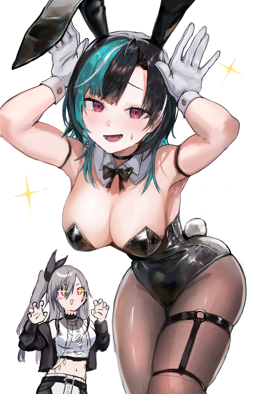 +_+, 2girls, absurdres, animal_ears, armband, armpits, black_hair, black_leotard