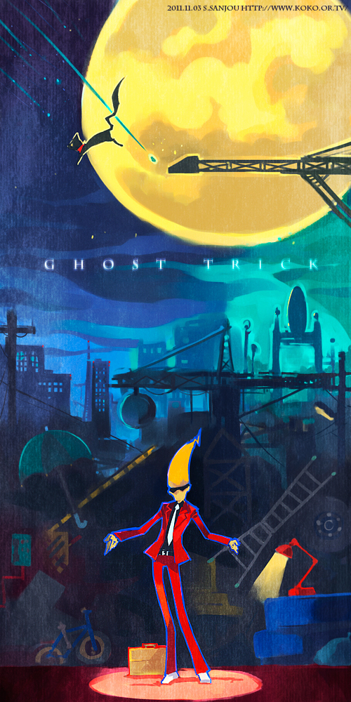 1boy, arms_up, bicycle, cat_(ghost_trick), commentary, commentary_request, copyright_name, crane_(machine)