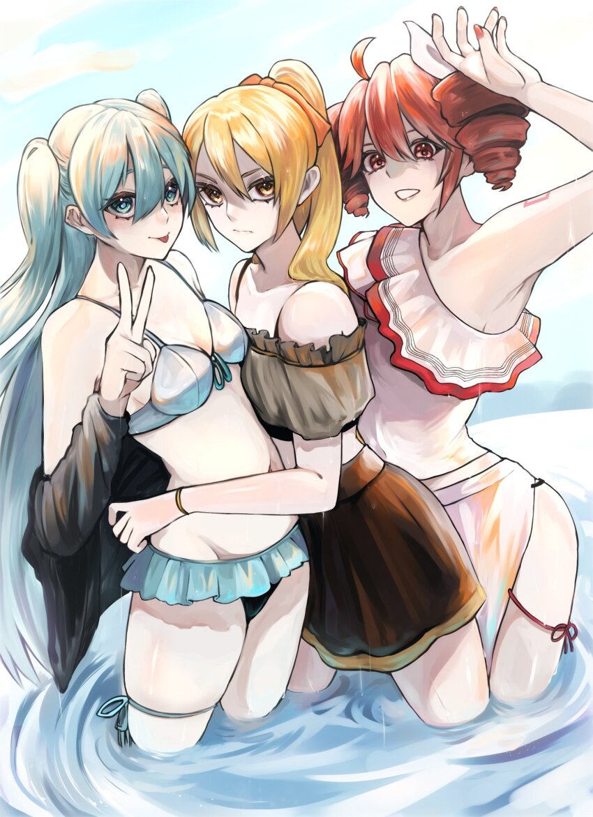 3girls, ahoge, akita_neru, annoyed, arm_tattoo, arm_up, bikini, bikini_skirt