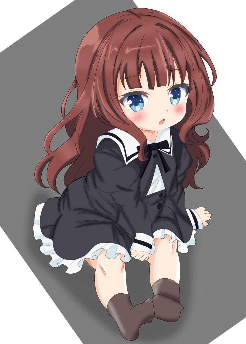 1girl, absurdres, aged_down, arm_at_side, assault_lily, between_legs, black_ribbon, black_skirt