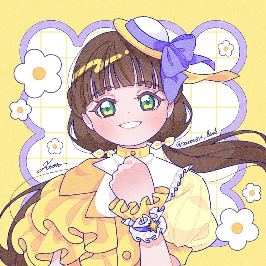 1girl, arched_bangs, asymmetrical_dress, blush, border, bow, brown_hair, commentary_request