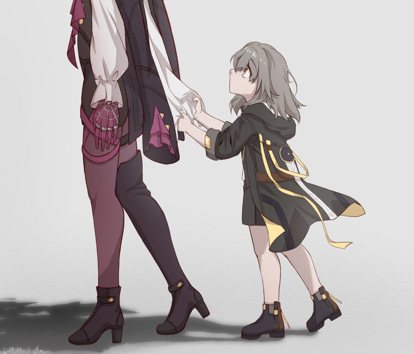 2girls, aged_down, asymmetrical_footwear, black_footwear, black_jacket, black_skirt, boots, commentary_request, dated, from_side, gloves, grey_background, grey_hair, high_heel_boots, high_heels, highres, honkai:_star_rail, honkai_(series), huahong_(user_asrp7337), jacket, kafka_(honkai:_star_rail), long_hair, long_sleeves, looking_at_another, looking_up, multiple_girls, pantyhose, purple_gloves, purple_pantyhose, shirt, simple_background, single_thigh_boot, skirt, stelle_(honkai:_star_rail), thigh_boots, trailblazer_(honkai:_star_rail), white_shirt, yellow_eyes