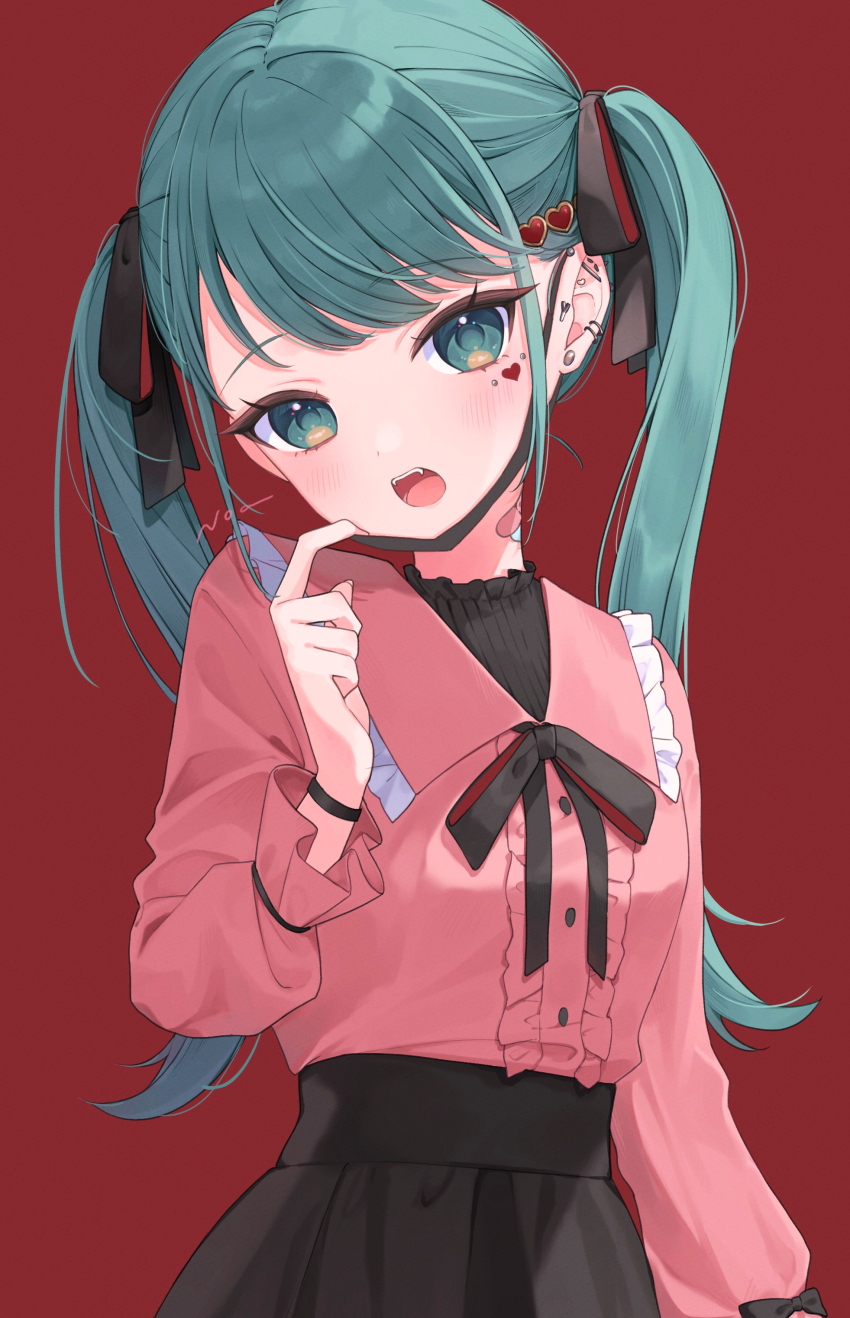 1girl, absurdres, bandaged_neck, bandages, bracelet, ear_piercing, facial_mark, fangs