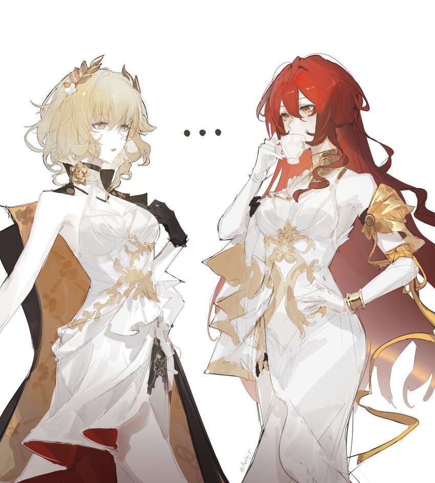 ..., 2girls, absurdres, aglaea_(honkai:_star_rail), artist_name, black_gloves, black_jacket, blonde_hair, commentary, cosplay, costume_switch, cup, dress, drinking, feet_out_of_frame, gloves, green_eyes, hair_between_eyes, halter_dress, halterneck, hand_on_own_hip, highres, himeko_(honkai:_star_rail), holding, holding_cup, honkai:_star_rail, honkai_(series), jacket, laurel_crown, long_hair, multiple_girls, red_hair, rente_gu, short_hair, simple_background, untranslatable_commentary, twitter_username, very_long_hair, white_background, white_dress, yellow_eyes