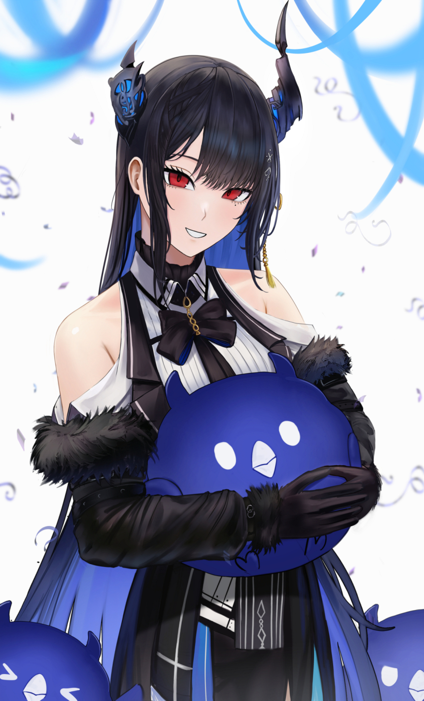 1girl, black_gloves, black_hair, black_necktie, black_skirt, black_thighhighs, blue_hair, clothing_cutout