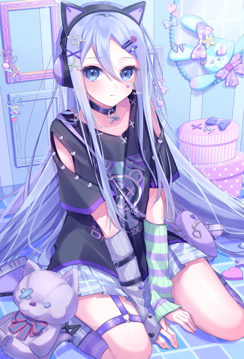 absurdres, animal_ear_headphones, animal_ears, arm_warmers, arms_between_legs, bag, blue_eyes, cat_ear_headphones