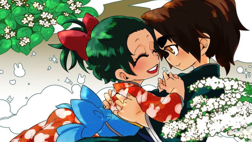 1boy, 1girl, :d, bow, brown_eyes, brown_hair, chipped_tooth, flower, green_hair, hair_bow, hetero, husband_and_wife, looking_at_another, obi, open_mouth, ponytail, red_bow, ridin_(ridin7188), samurai_usagi, sash, short_hair, smile, thick_eyebrows, udogawa_gosuke, udogawa_shino