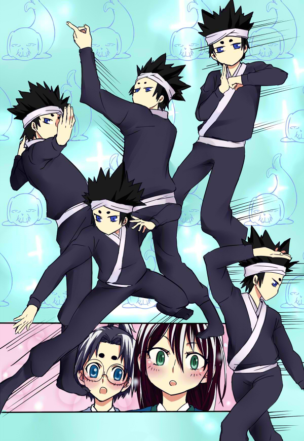 1boy, 2girls, :o, black_hair, blue_background, blue_eyes, glasses, green_eyes, hair_between_eyes, headband, honma_rozan, motion_lines, multiple_girls, multiple_views, ridin_(ridin7188), samurai_usagi, spiked_hair