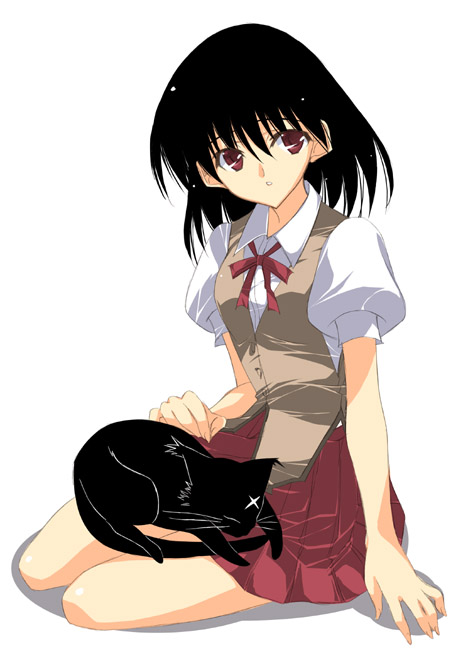 00s, 1girl, black_hair, cat, iori_(school_rumble), puffy_short_sleeves, puffy_sleeves, red_eyes, school_rumble, school_uniform, short_hair, short_sleeves, simple_background, sitting, tsukamoto_yakumo, white_background, yokozuwari