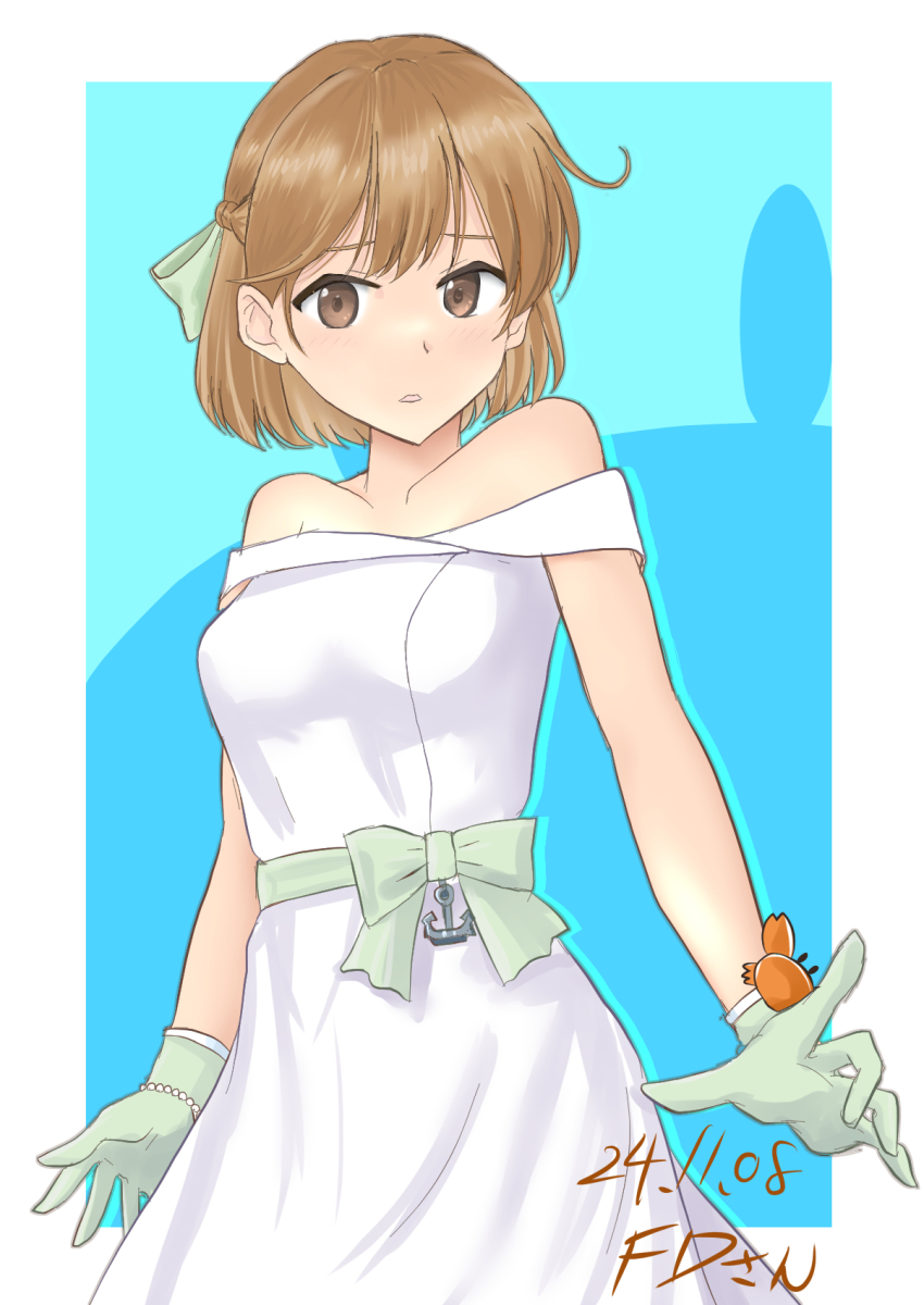 1girl, anchor_ornament, artist_name, blue_background, brown_eyes, brown_hair, commentary_request, crab