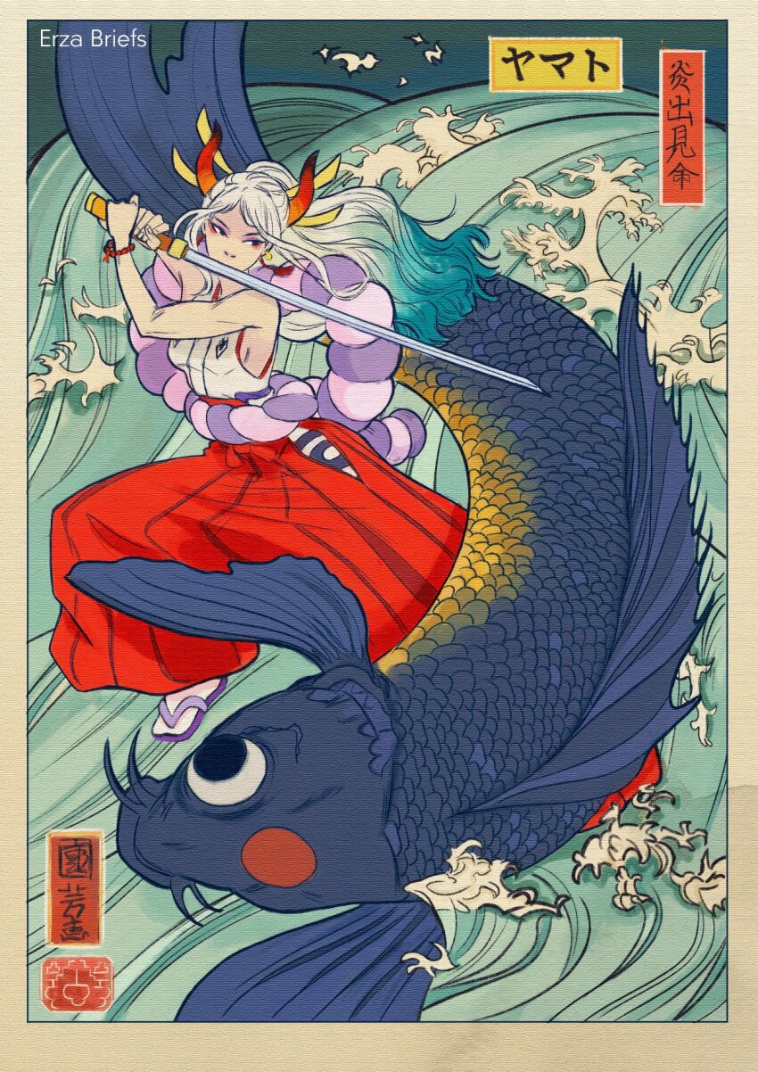 1girl, artist_name, blue_hair, canvas_texture, commentary, earrings, erza_briefs, fish