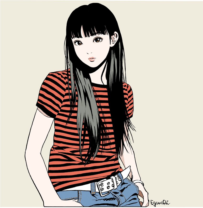 1girl, artist_name, belt, belt_buckle, black_hair, blue_pants, brown_eyes, buckle