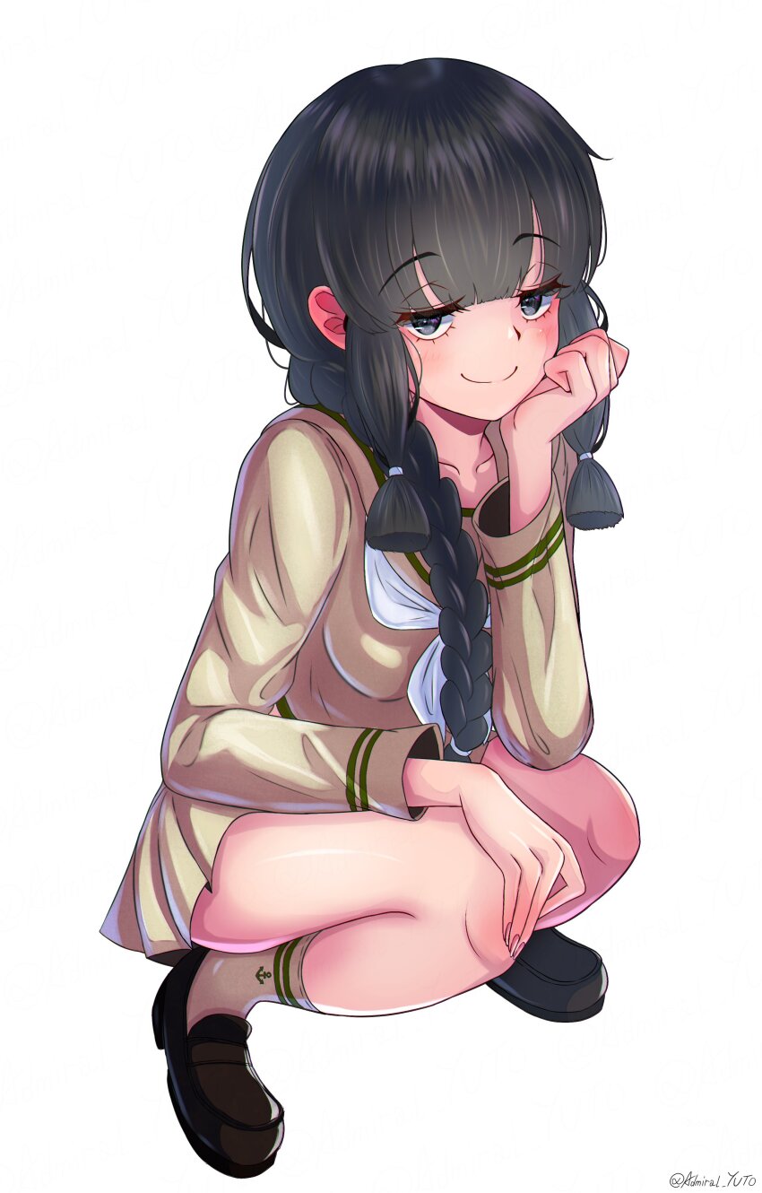 1girl, absurdres, anchor_symbol, black_hair, black_shoes, blunt_bangs, braid, breasts