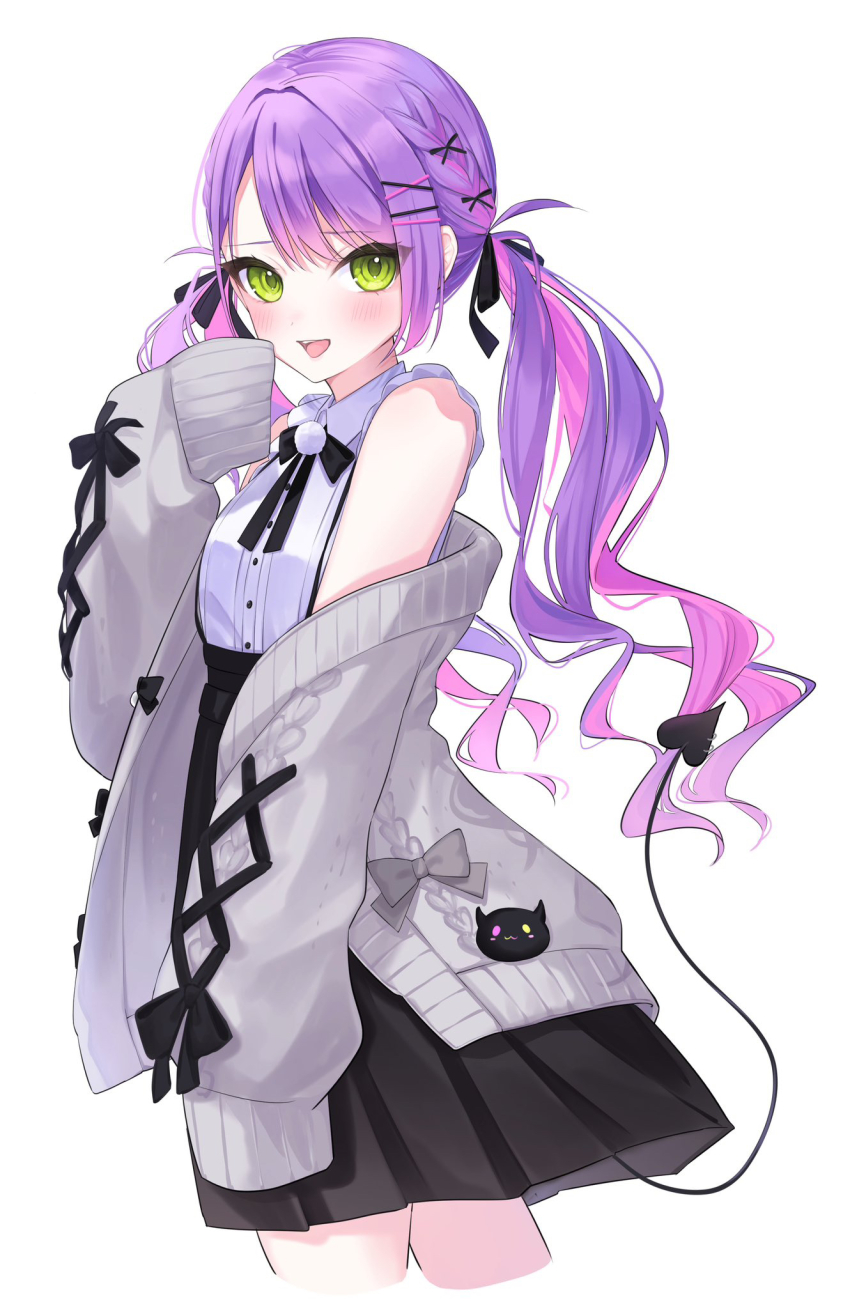 1girl, bibi_(tokoyami_towa), blush, cardigan, colored_inner_hair, cross-laced_clothes, cross-laced_sleeves, demon_tail