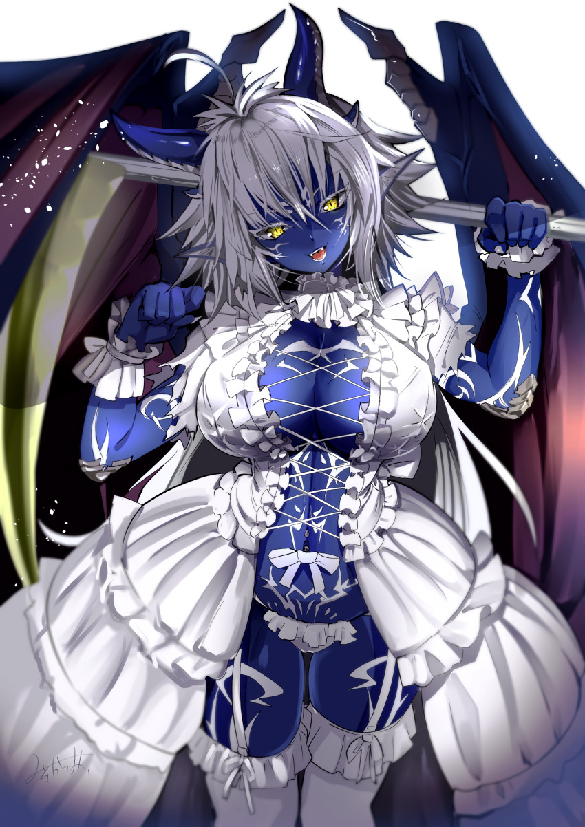 1girl, :d, absurdres, ahoge, blue_skin, breasts, cleavage, colored_skin, cowboy_shot, cross-laced_clothes, cross-laced_dress, dragon_girl, dragon_horns, dragon_tail, dragon_wings, dress, fangs, fingernails, frilled_dress, frills, full-body_tattoo, garter_straps, gate_-_jieitai_ka_no_chi_nite_kaku_tatakaeri, giselle_(gate), head_tilt, highres, holding, holding_behind_back, holding_scythe, holding_weapon_behind_back, horns, large_breasts, long_hair, looking_at_viewer, mknnkm2, monster_girl, navel_piercing, navel_ribbon, no_bra, open_mouth, panties, piercing, pointy_ears, ribbon, scales, scythe, sharp_fingernails, signature, simple_background, smile, solo, tail, tattoo, thighhighs, tongue, torn_clothes, torn_sleeves, underwear, v-shaped_eyebrows, white_background, white_dress, white_hair, white_nails, white_panties, white_ribbon, white_thighhighs, white_wrist_cuffs, wings, wrist_cuffs, yellow_eyes