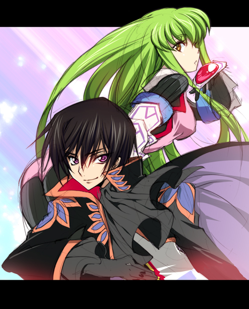 1boy, 1girl, bandai_namco, brown_hair, c.c., cape, code_geass, company_connection, cosplay, creayus, green_hair, lelouch_vi_britannia, long_hair, purple_eyes, richard_(tales), richard_(tales)_(cosplay), sophie_(tales), sophie_(tales)_(cosplay), sophie_(tales_of_graces)_(cosplay), tales_of_(series), tales_of_graces, yellow_eyes