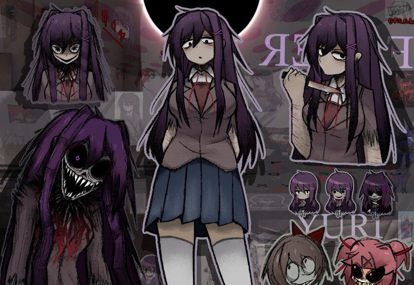 3girls, arms_behind_back, black_sclera, blue_skirt, bow, brown_jacket, brown_sweater_vest, character_name, chibi, chibi_inset, collared_shirt, colored_sclera, commentary, doki_doki_literature_club, doki_doki_literature_club_school_uniform, english_commentary, fill_feels, hair_bow, hair_ornament, hairclip, highres, holding, holding_knife, horror_(theme), injury, jacket, knife, long_hair, monster, multiple_girls, natsuki_(doki_doki_literature_club), neck_ribbon, pleated_skirt, purple_eyes, purple_hair, red_bow, red_ribbon, ribbon, sayori_(doki_doki_literature_club), school_uniform, self-harm, sharp_teeth, shirt, skirt, solo_focus, sweater_vest, teeth, thighhighs, very_long_hair, white_shirt, white_thighhighs, wrist_cutting, yuri_(doki_doki_literature_club)