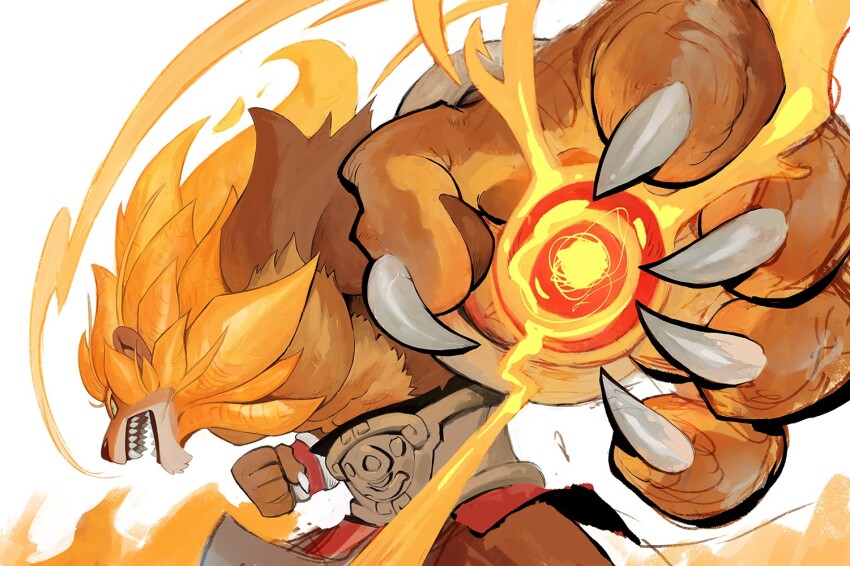 2024, belt, brown_fur, claws, clenched_hand, fireball, garrett_hanna, lion_boy, lion_mane, loincloth, mane, muscular, muscular_male, open_mouth, perspective, red_loincloth, rivals_of_aether, sharp_teeth, simple_background, teeth, zetterburn