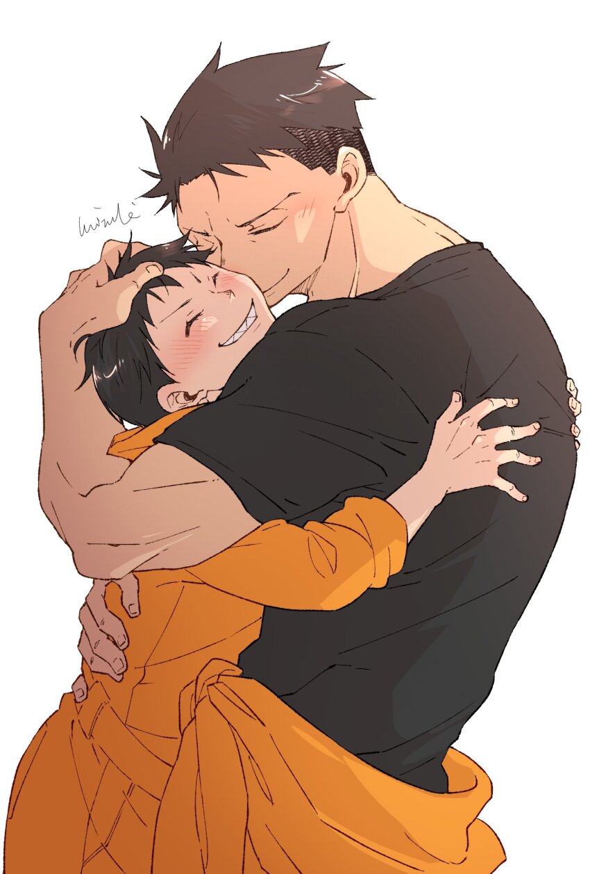 2boys, age_difference, akitaru_oubi, bara, black_hair, black_shirt, closed_eyes, commentary_request