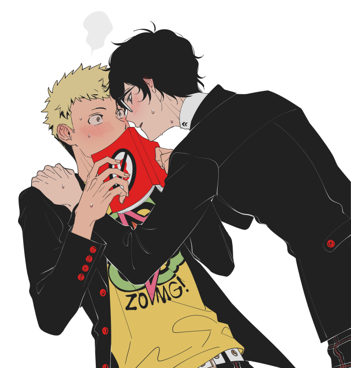 2boys, amamiya_ren, arms_up, belt, belt_buckle, black-framed_eyewear, black_hair, black_jacket