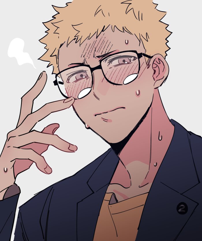 1boy, arm_up, black-framed_eyewear, black_jacket, blonde_hair, blush, brown_eyes, collarbone